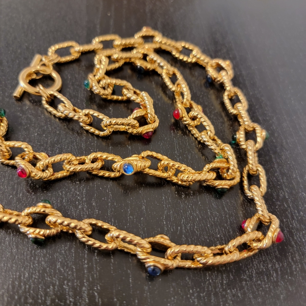 VINTAGE Etruscan Glass Cabochon Gold Chain Link 80s Bijoux Necklace Unsigned